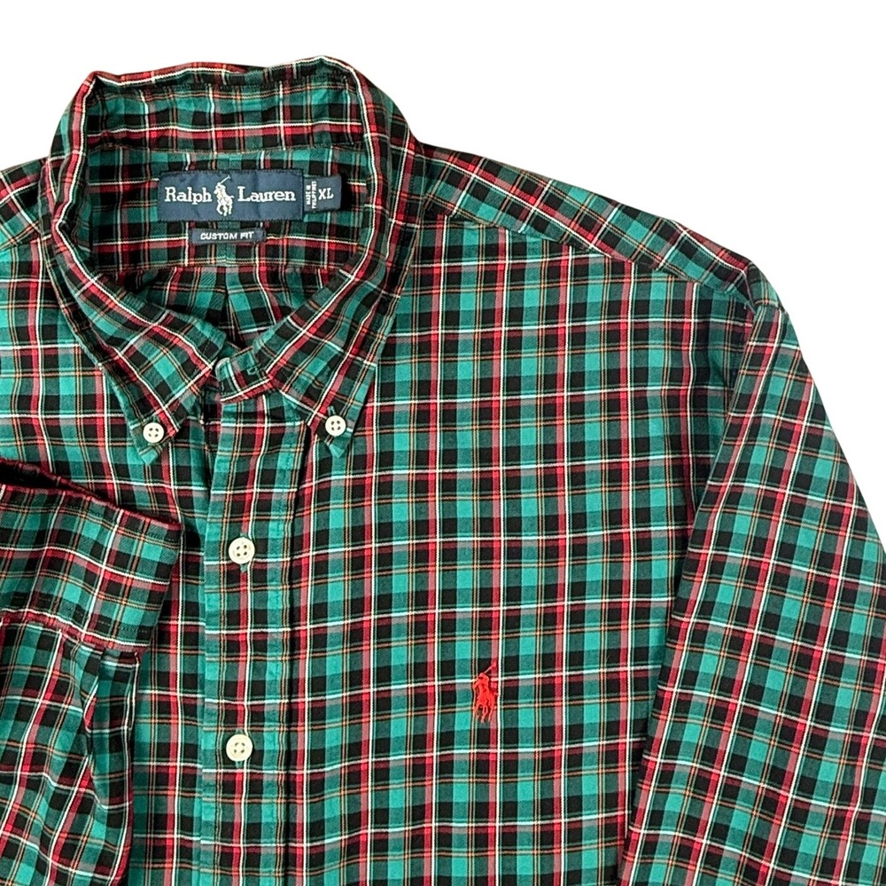 Ralph Lauren Holiday Custom Fit Plaid Button Down Shirt Green Red Black Mens XL